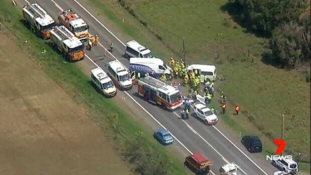  The scene of the crash at Kemps Creek in Sydney's west on Tuesday afternoon. Photo: Seven News