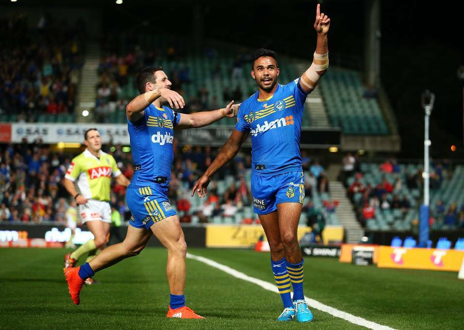 Bevan French of the Eels celebrates a try during a match against the St George-Illawarra Dragons this year. Photo by Mark Nolan/Getty Images