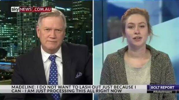 Madeline, who was fired by Madlin Sims for saying she would vote ''no'' in the same-sex marriage survey, hit back on Tuesday. Photo: Sky News