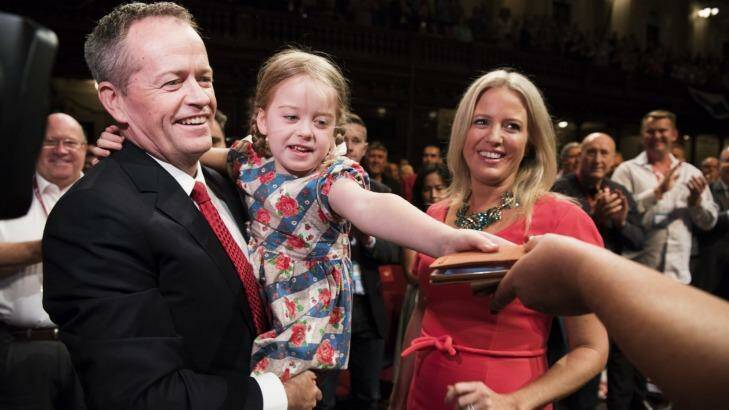 Federal Opposition Leader Bill Shorten with his family at the NSW Labor Conference at Sydney's Town Hall on Saturday.  Photo: James Brickwood