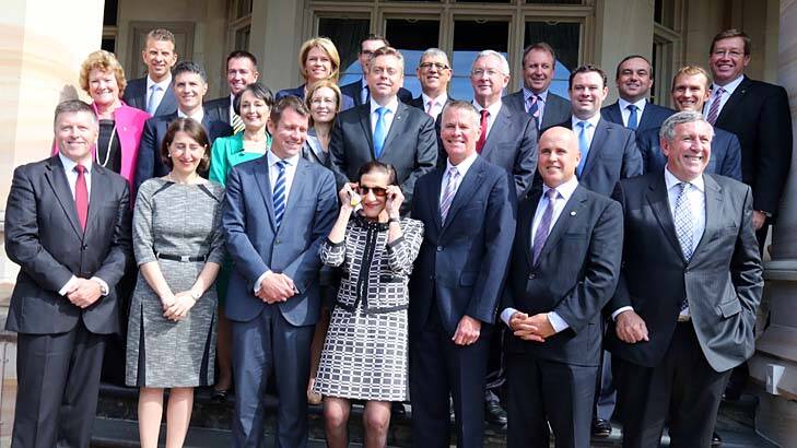 Enter the new faces and some familiar: Premier Mike Baird (third from left, front) with his new cabinet. Photo: Peter Rae