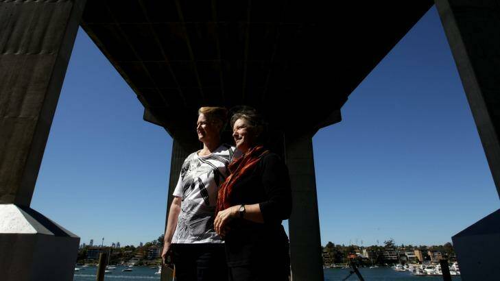 Fond memories: Bronwyn Best and Helen White revisit the Gladesville Bridge. Photo: Janie Barrett