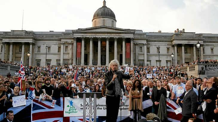 Sir Bob Geldof delivers a speech during a pro-union rally at Trafalgar square in central London. Photo: Lefteris Pitarakis