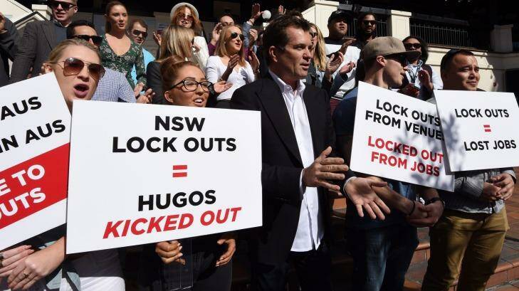 Hugos owner Dave Evans and staff of Hugos in Kings Cross picket after closing in August. The restaurateur blamed the closure on the impact of lockout laws. Photo: Nick Moir
