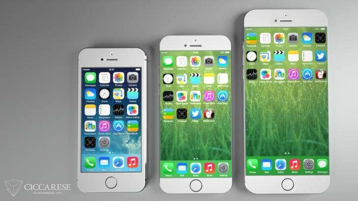 A rendering of what the rumoured 4.7 (middle) and 5.5-inch (right) iPhones might look like next to the iPhone 5S. Photo: Ciccarese Design