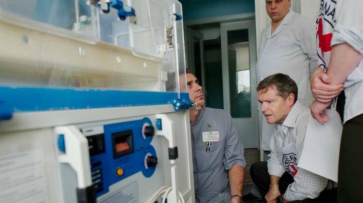 ICRC in Belobodsk, Luhansk region, Ukraine. Mike Denison,
biomedical engineer of International Committee of the Red Cross (ICRC) in delegation in Ukraine, checks status of medical equipment in Belovodsk hospital and maternity centre. Photo: Maks Levin