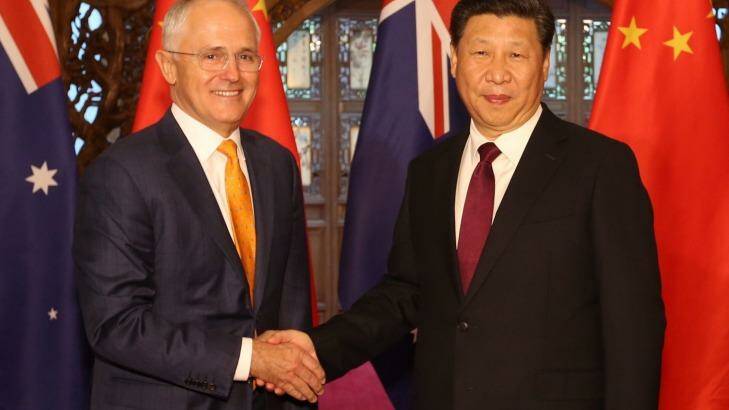 Australian Prime Minister Malcolm Turnbull, left, and Chinese President Xi Jinping shake hands before their meeting in Beijing in April. Photo: Andrew Meares