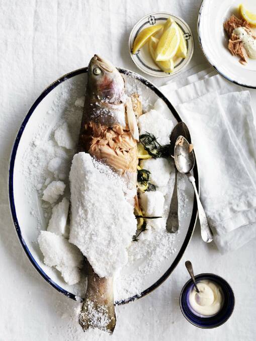 Neil Perry's whole salt baked ocean trout <a href="http://www.goodfood.com.au/good-food/cook/recipe/whole-saltbaked-ocean-trout-20111114-29u8c.html?aggregate=518712"><b>(recipe here).</b></a> Photo: William Meppem