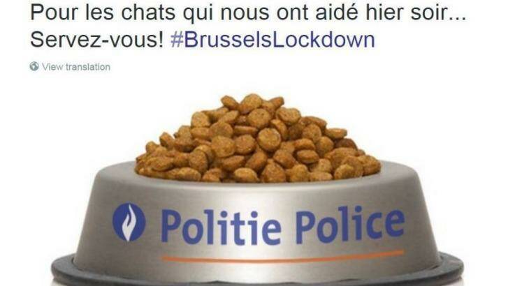 The picture tweeted by police after Brussels residents heeded pleas not to post or share information about the raids. It reads: "For the cats who helped us last night ... Help yourselves!" Photo: Belgium Federal Police