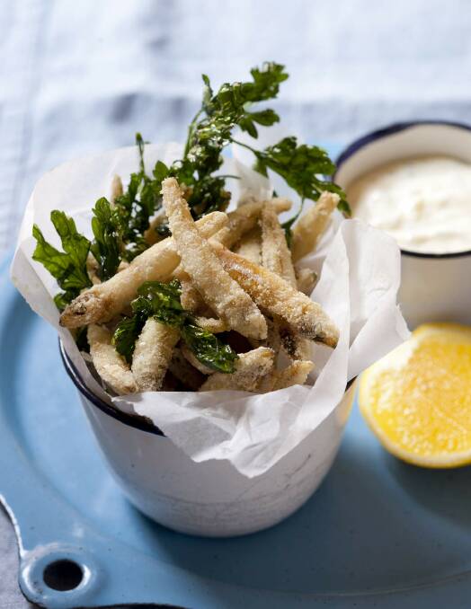 Whitebait 'chips' with green Tabasco mayonnaise <a href="http://www.goodfood.com.au/good-food/cook/recipe/whitebait-chips-with-green-tabasco-mayonnaise-20121221-2bqfh.html?aggregate=518712"><b>(recipe here).</b></a> Photo: Marina Oliphant
