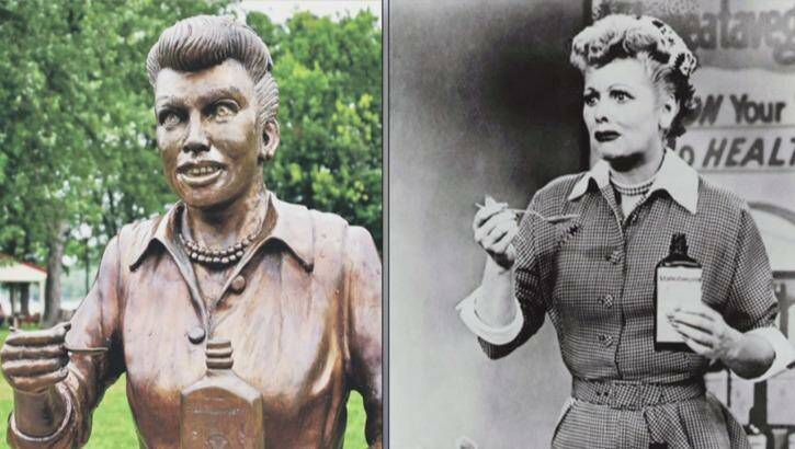 Dave Poulin's bronze sculpture of Lucille Ball in Celoron and, right, the comedian in <i>I Love Lucy</i>. Photo: Fox News/Video grab