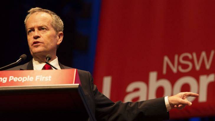 Bill Shorten speaking at the NSW ALP Conference at Sydney's Town Hall on Saturday. Photo: James Brickwood.
