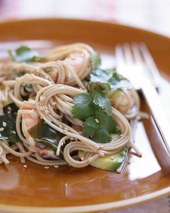 Soba noodles with prawns and wakame <a href="http://www.goodfood.com.au/good-food/cook/recipe/soba-noodles-with-prawns-and-wakame-20111019-29v3b.html"><b>(recipe here).</b></a> Photo: Marina Oliphant