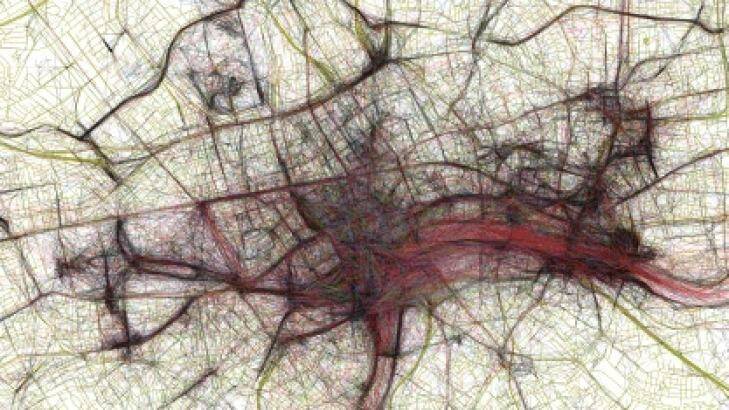 A map showing clusters of photos taken in London and the pathways of the photographers. Photo: The Geotaggers' World Atlas