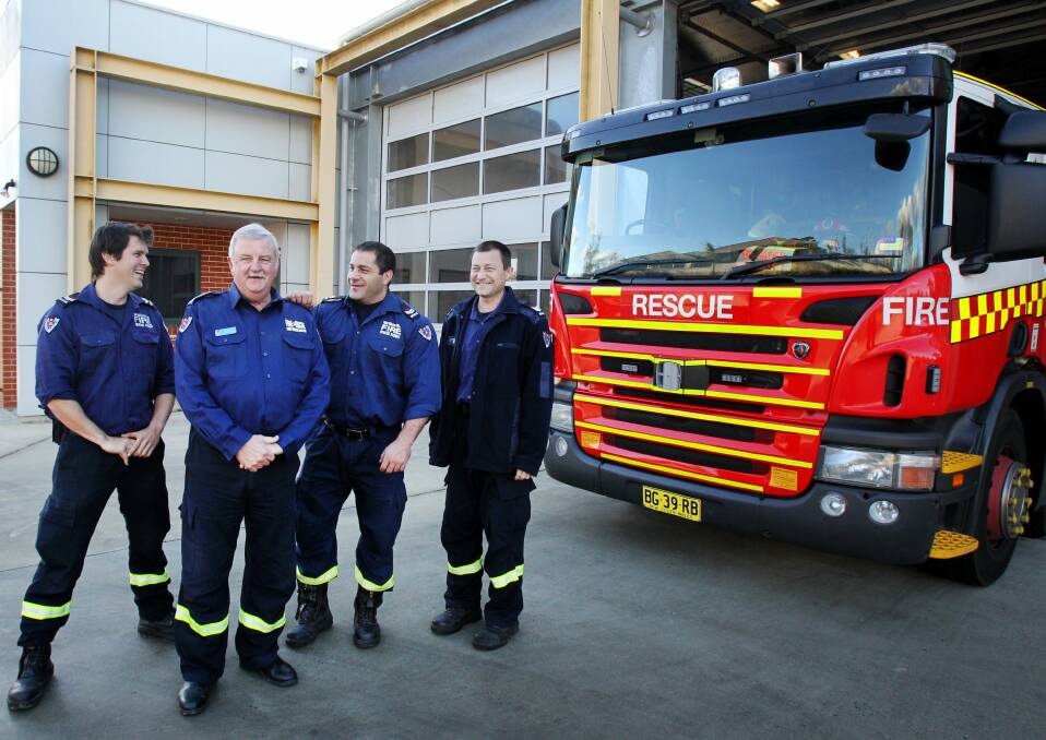 Going out in a blaze of glory: Peter Welsh (second from left) is flanked by senior firefighters Luke Bellew, Luke Schembri and Michael Kerslake at Castle Hill fire station. Picture: Isabella Lettini