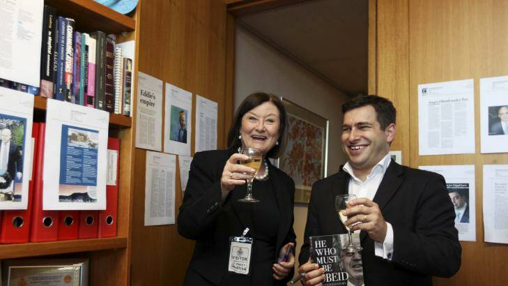 Authors Kate McClymont and Linton Besser in Eddie Obeid's old office at Parliament House at the launch of their book.  Photo: Janie Barrett