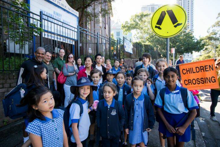 NEWS: School overcrowding Chatswood Public School students and parents outside their school.  Chatswood is about 400 students over capacity and expecting another 300 over the next three years. The school's been split into a main campus and a 'bush campus' at the high school across the road. The government hasn't promised the school any extra infrastructure or provided funding.. Photograph by Edwina Pickles. Taken on 6th April 2017. Photo: Edwina Pickles