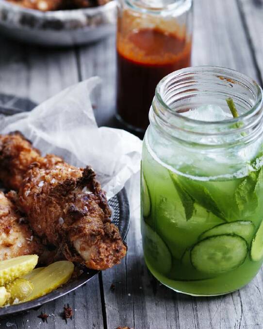 Jill Dupelix's cooling cucumber gin and tonic (pairs well with just about any finger food) <b><a href="http://www.goodfood.com.au/good-food/cook/recipe/cucumber-gin-and-tonic-20151026-456bq.html">Recipe here</a></b>. Photo: William Meppem