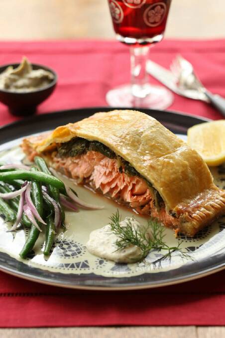 Jill Dupleix's salmon and spinach en croute with dill creme fraiche <a href="http://www.goodfood.com.au/good-food/cook/recipe/salmon-en-croute-with-dill-creme-fraiche-20111018-29wti.html?aggregate=518712"><b>(recipe here).</b></a> Photo: Marina Oliphant