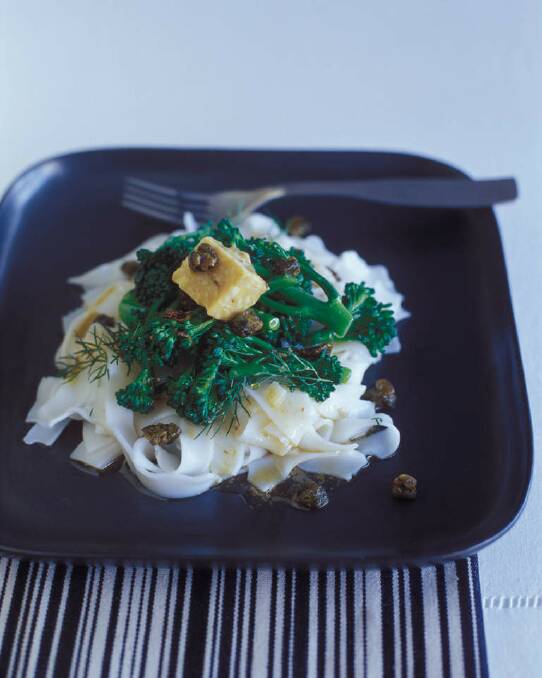 Luke Mangan's rice noodles with capers, dill, broccolini and anchovy butter <a href="http://www.goodfood.com.au/good-food/cook/recipe/rice-noodles-with-capers-dill-broccolini-and-anchovy-butter-20140108-30g84.html"><b>(recipe here).</b></a> Photo: Quentin Jones