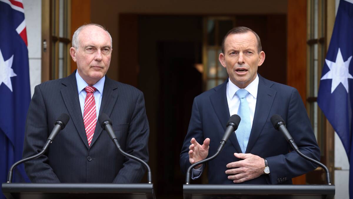 Take off: Prime Minister Tony Abbott and Deputy Prime Minister Warren Truss announce the decision to proceed with Badgerys Creek airport during a press conference at Parliament House, Canberra. Photo: Andrew Meares