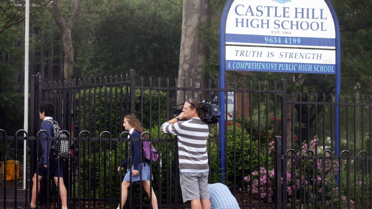 Students arrived at Castle Hill High School this morning to be met with television crews. Picture: Natalie Roberts 