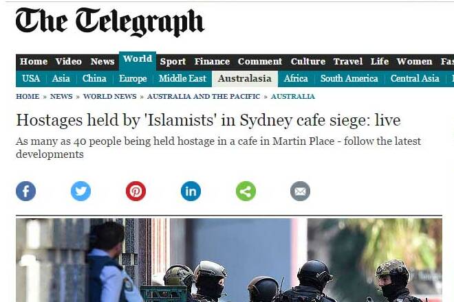 The Telegraph reports on the Martin Place siege. Picture: telegraph.co.uk