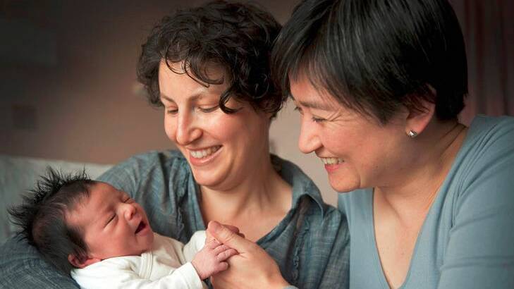 Penny Wong, partner Sophie Allouache and daughter Alexandra in December last year.